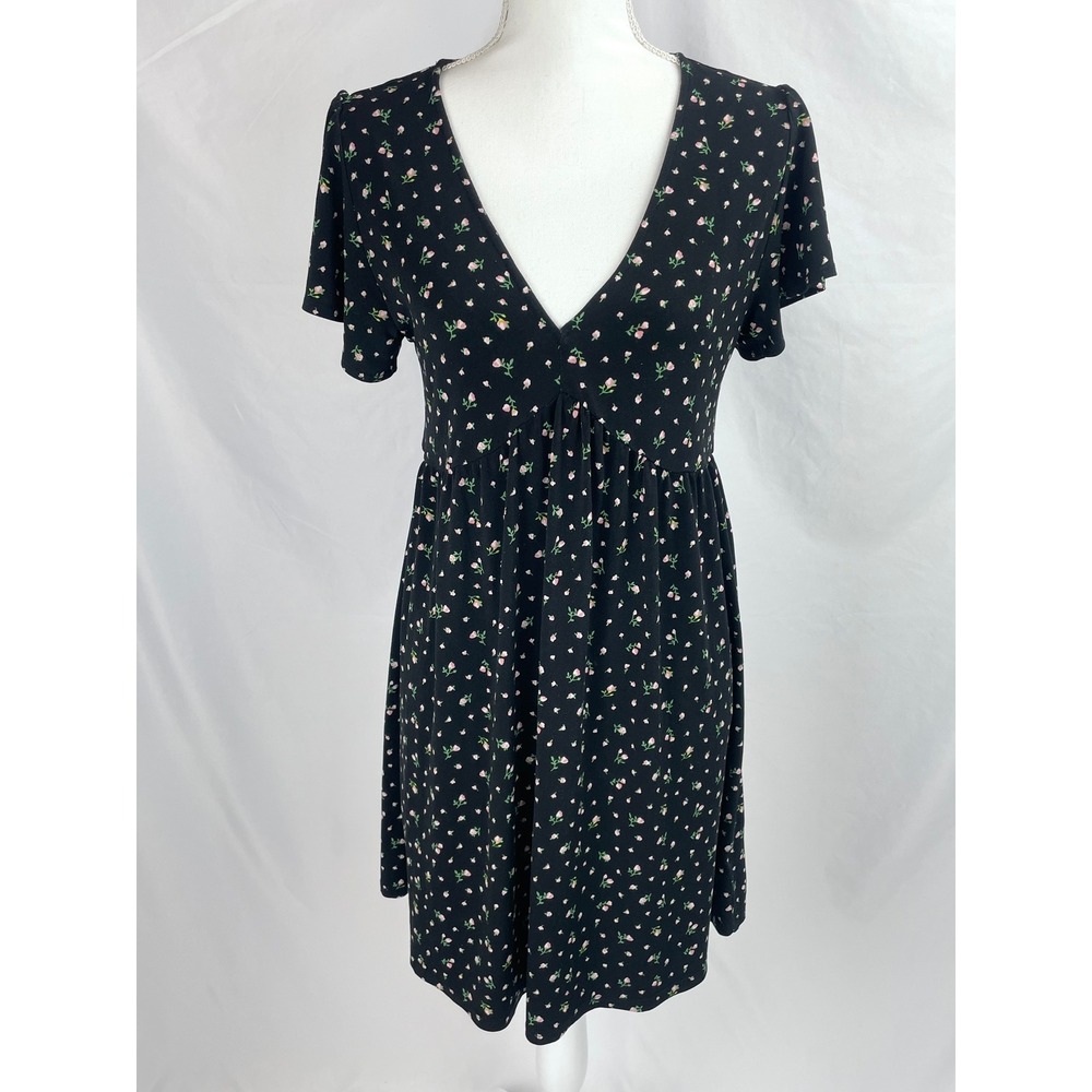 Aeropostale Babydoll Dress Large Black Pink Flowers Flutter Sleeve VNeck Cottage